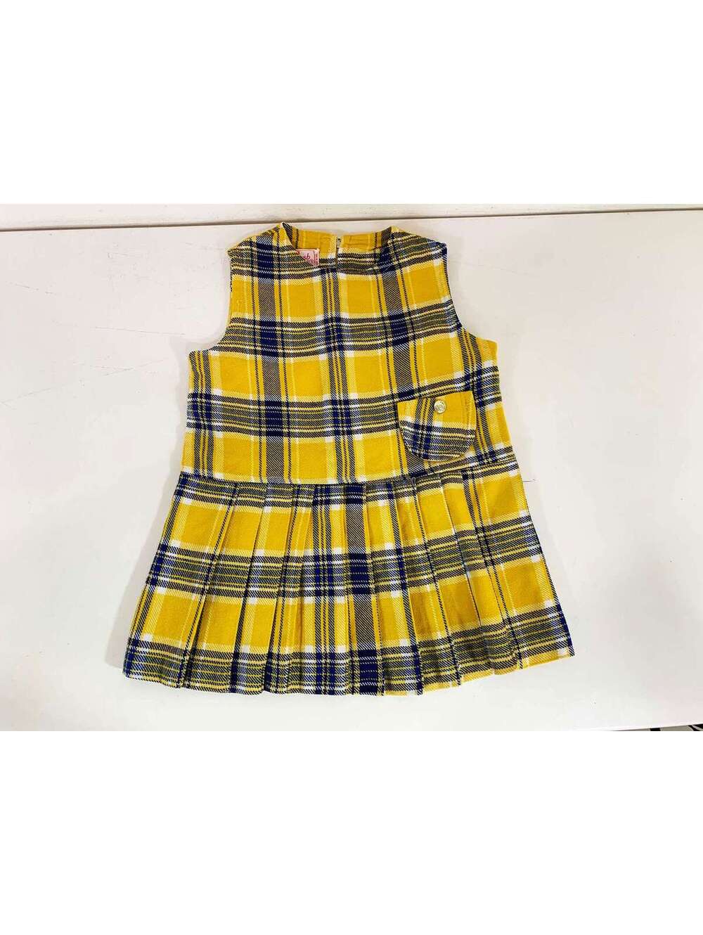 60s Plaid Girls Dress Yellow Pleated Sleeveless